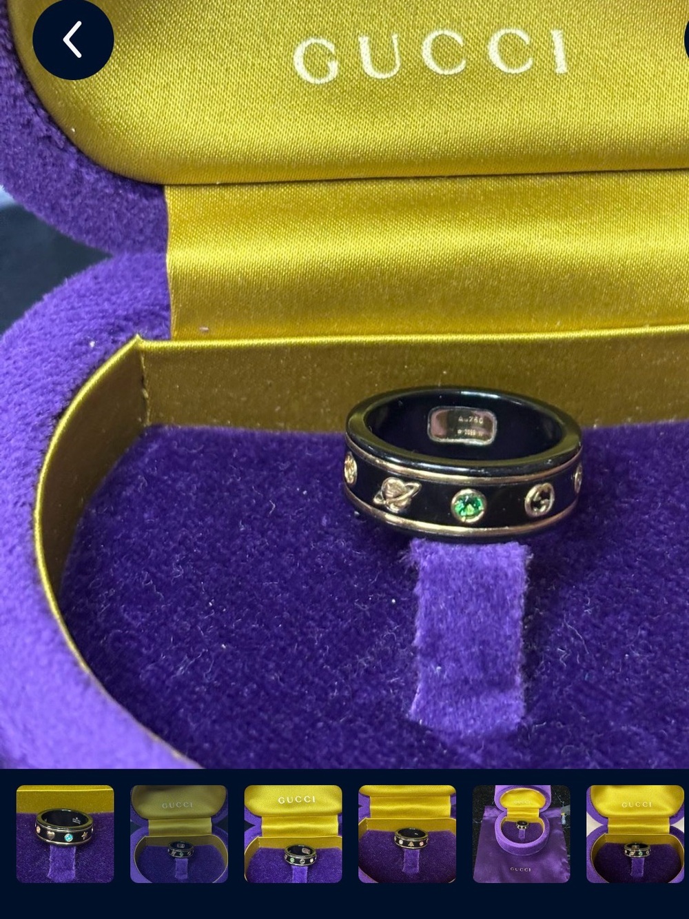 Gucci Black Band Ring with Green and Clear Stones